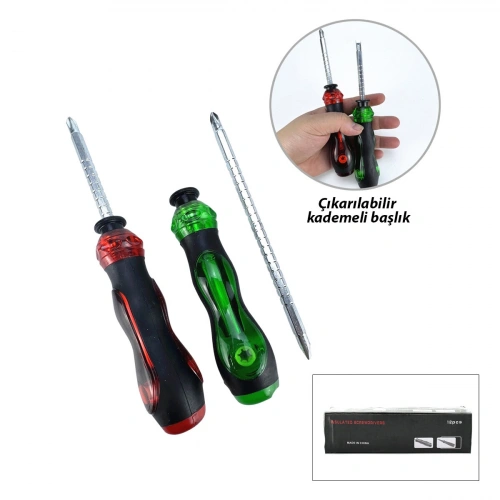 Egonex Insulated Screword Lrd-155 ( Renkli & Silikon Saplı )( 2in1=çift Taraflı Uç ) Kademeli Tornavida ( Mıknatıs Uç & Yıldız - Düz )*12x20