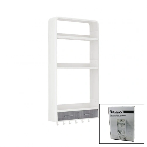 Egonex Omaş-tera Om-0817 ( Beyaz ) Yapışkanlı Duvar Organizeri Plastik ( 3 Raf=14cm-19cm-30cm & 2 Çekmece=40cm & 6 Askı ) ( 19 Pcarça )*6