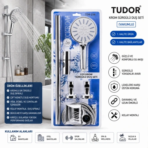 Egonex Tudor Tdr-256 ( Vakumlu & Krom ) Lux Sürgülü Duş Seti*25