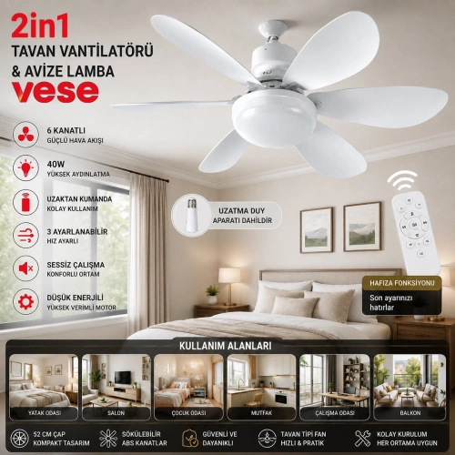 Egonex Vnt-005 Tavan Vantilatör & Avize Lamba (40w) ( Kumandalı ) ( 6knat ) Vese Vnt-005 (2in1)  *24
