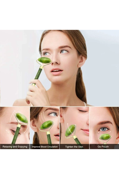 Egonex Yeşil doğal yeşim taşı yüz masaj aleti ve kalp gua sha yüz bakım taşı 2li set jade face roller