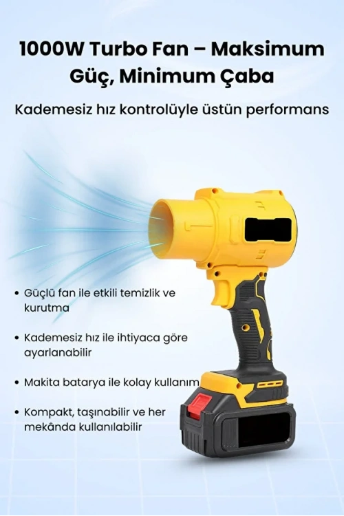 Gold Orion 21V Kablosuz Hava Üfleyici | 32.000RPM Turbo Fan, 12.000mAh Batarya, Bahçe & Araç Kurutma / Sarı