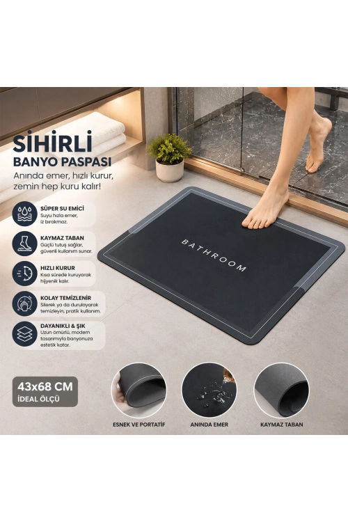 Barotti Bathroom Dmr-8560 ( Dikdörtgen & Mat Renkler ) (37x57cm) Su Emici Sihirli Banyo Paspas ( Elastik )*100