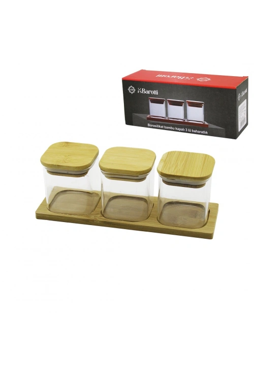 Barotti Dmr-9801 ( 3pcs ) ( Kare ) Borasilikat Baharatlık ( Bambu Kapaklı & Standlı )*24=k