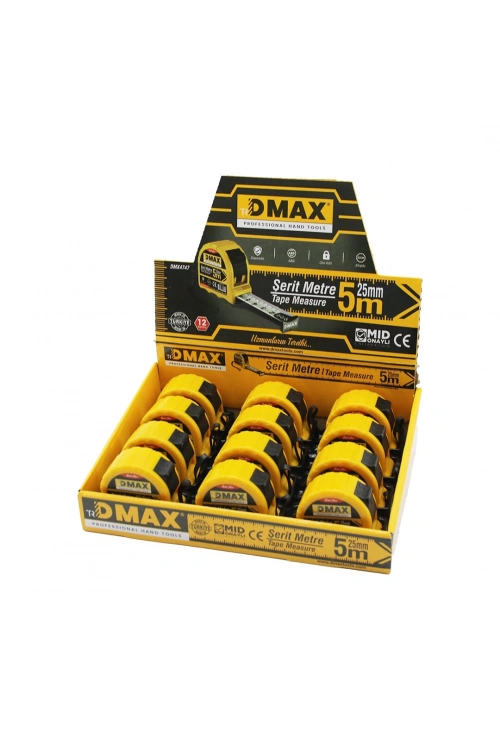 Dmax Dmx-4747 ( 5mt X 25mm ) Çelik Şerit Metre ( Stoplu ) ( Otomatik Kilit= Bas Durdur & Çek Sarsın )*12x8
