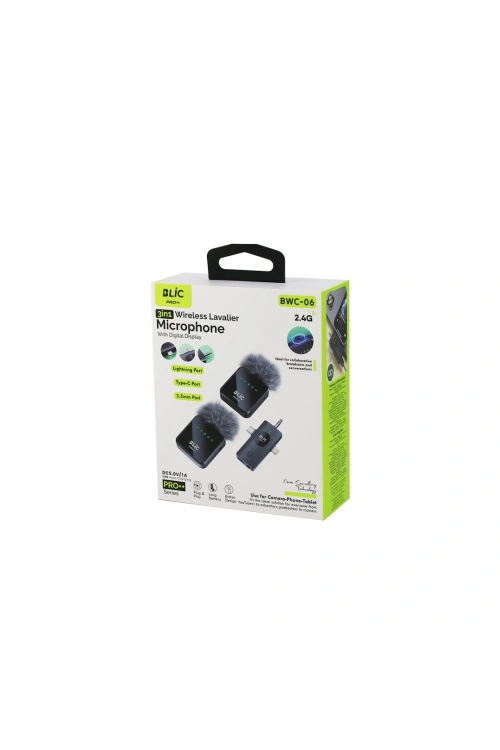 Egonex BLİC BWM-06 ( 3İN1 ) KABLOSUZ İKİLİ YAKA MİKROFON ( TÜYLÜ ) ( DİJİTAL EKRAN ) ( LİGHTNİNG - TYPE-C - 3.5MM GİRİŞ ) ( 5.0V / 1A )*50