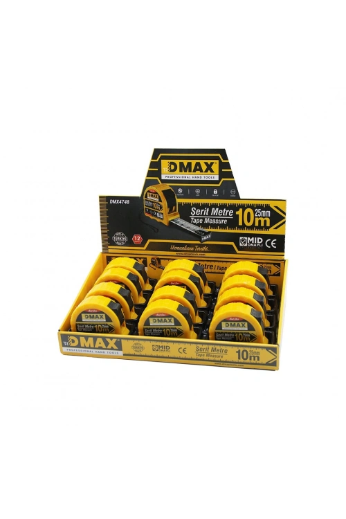 Egonex Dmax Dmx-4748 ( 10mt X 25mm ) Çelik Şerit Metre ( Stoplu ) ( Otomatik Kilit = Bas Durdur & Çek Sarsın )*12x4
