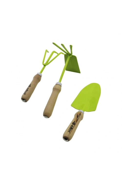Egonex Eltos Ebs-003 ( 3pcs ) Bahçe Hobi Seti ( Renkli Metal ) ( Çift Başlı Çapa & 3 Dişli Tırmık & Kürek ) (ahşap Saplı)*20