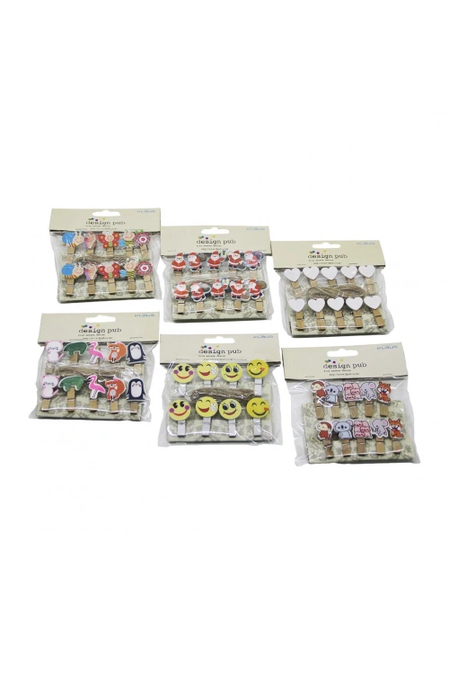Egonex İBİCO İ12-070 ( 10PCS ) ( AHŞAP ) ( MİNİ SUNUM ) MANDALI ( MİX & FİGÜRLÜ= KALP & HAYVAN & NOEL BABA & )*24X30