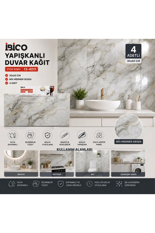 Egonex İbico İ13-085 ( 4pcs ) ( 30x60cm ) ( Düz & Panel ) ( Mix Mermer Desen ) Yapışkanlı Duvar Kağıt*60=k