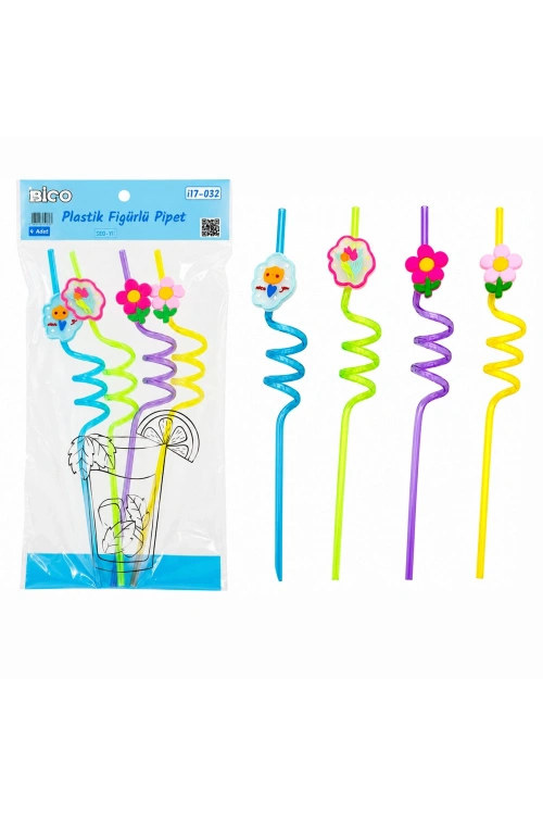 Egonex İbico İ17-032 ( 4pcs ) ( Kıvrımlı & Renkli Plastik ) Pipet ( Figürlü=mix )*240