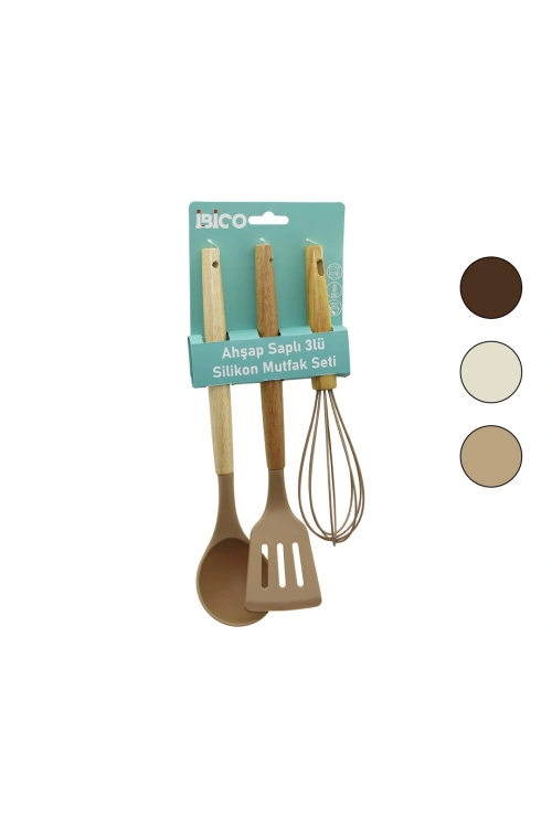 Egonex İbico İ22-008 ( 3pcs ) ( Renkli Silikon ) Mutfak Seti ( Ahşap & Bambu Saplı ) ( Çırpıcı  & Kepçe  & Spatula ) ( 25-30cm )*12x6