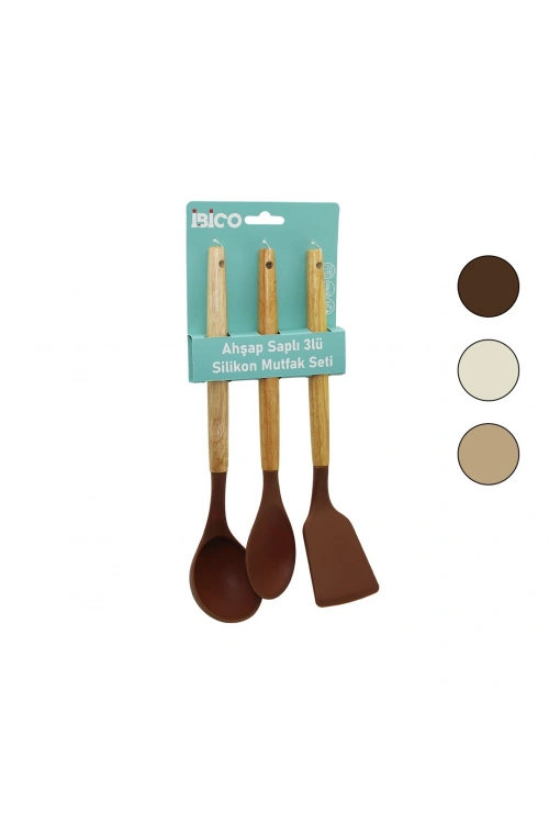 Egonex İbico İ22-009 ( 3pcs ) ( Renkli Silikon ) ( Ahşap & Bambu Saplı ) Mutfak Seti ( Kepçe & Kaşık & Spatula ) ( 30cm )*12x6