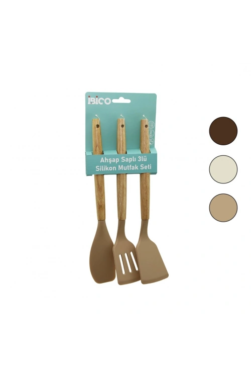 Egonex İbico İ22-010 ( 3pcs ) ( Renkli Silikon ) ( Spatula ) Mutfak Seti ( Ahşap & Bambu Saplı ) ( Klasik & Yan & Delikli Spatula) (30cm)*12x6