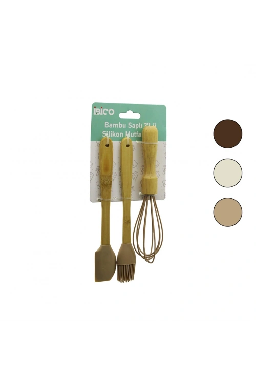Egonex İbico İ22-026 ( 3pcs & Mini ) Silikon Mutfak Seti ( Ahşap & Bambu Saplı ) ( Çırpıcı & Yumurta Fırçası & Spatula )*12x6