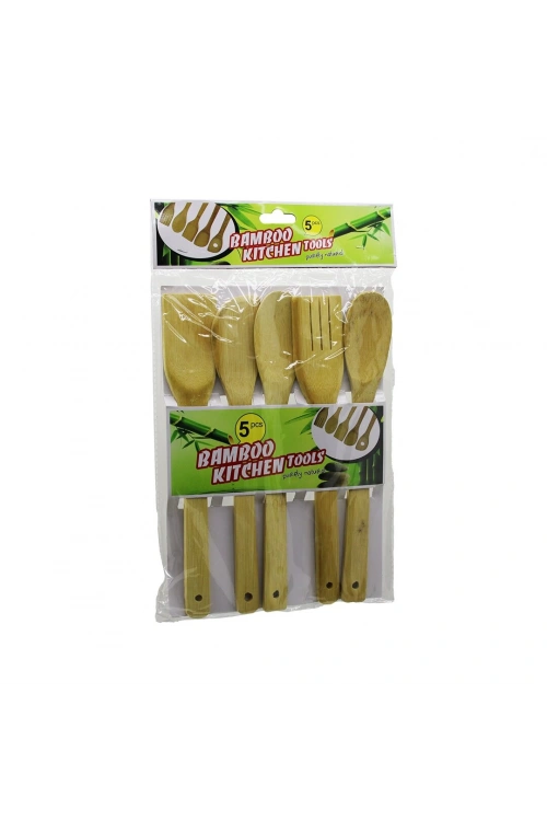 Egonex İbico İ22-194 Bamboo Kıtchen Tools (5pcs) (ahşap & Bambu) Mutfak Servis Seti (spatula=yan & Düz & Delikli & 2 Servis Kaşık) (27-27.5-28cm)*12x10