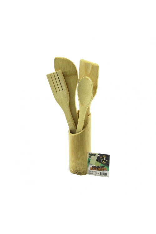 Egonex İbico İ22-195 ( 5pcs ) ( Ahşap Bambu ) Mutfak Servis Seti ( Kaşık & Çatal & 2 Pcs Spatula & Stand ) ( 27.5cm & 30cm ) ( Fileli Ambalaj )*48