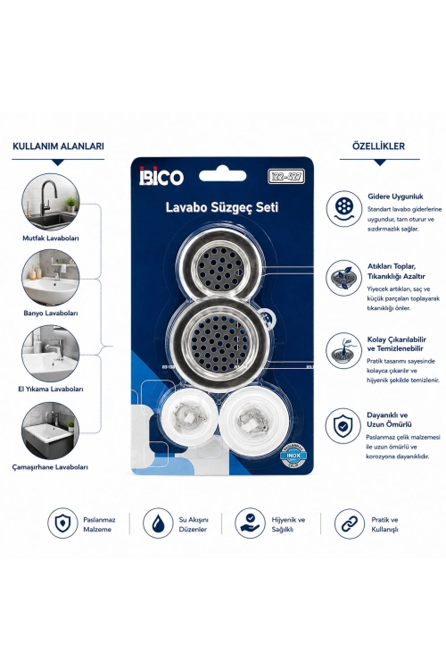 Egonex İbico İ22-427 ( 4pcs ) Lavabo Süzgeç & Tıpa Seti ( 2 Boy Süzgeç & 2 Boy Plastik Tıpa )*12x25