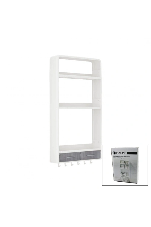 Egonex Omaş-tera Om-0817 ( Beyaz ) Yapışkanlı Duvar Organizeri Plastik ( 3 Raf=14cm-19cm-30cm & 2 Çekmece=40cm & 6 Askı ) ( 19 Pcarça )*6