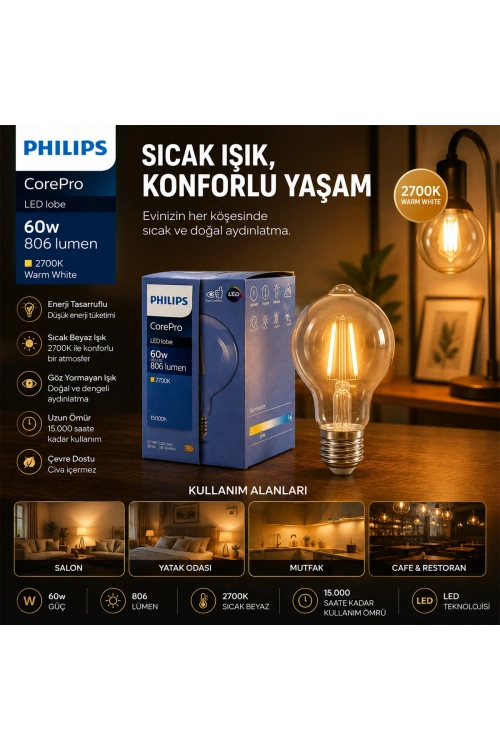 Egonex Phılıps-346772 00 Corepro G93 ( 2700k & E27 ) ( 7w = 60w & E27 ) ( Led Filament & Rustik Ampul ) Lamba ( 806 Lumen ) ( Cam Gövde )*6=k
