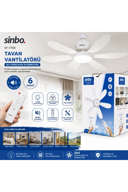 Egonex Sinbo Sf-7708 (3 Led Aydınlatmalı & Sessiz Çalışma) (6 Kanat & Kumanda) Tavan Vantilatör*6
