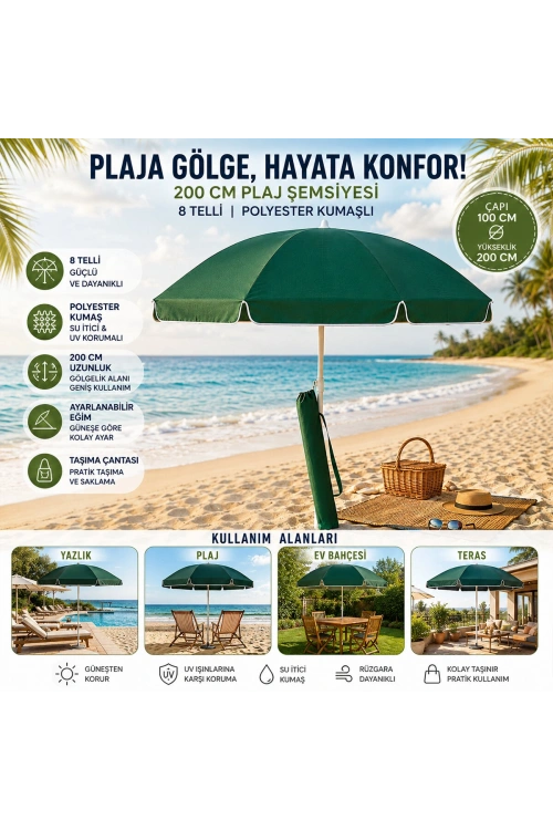 Egonex Skybelt Sky-112 ( 200cm Saplı ) ( Çap:100*100cm ) ( Düz - Tek Renk ) Plaj Şemsiyesi ( Omuz Askı Çantalı ) ( 8 Telli & Fıberglass ) ( Polyester Kumaş )*12=k
