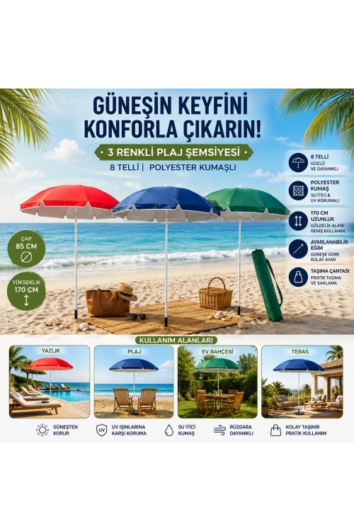 Egonex Skybelt Sky-122 ( 170cm Saplı ) ( Çap: 155cm ) ( Düz - Tek Renk ) Plaj Şemsiyesi ( 8telli & Fıberglass ) ( Polyester Kumaş )*24=k