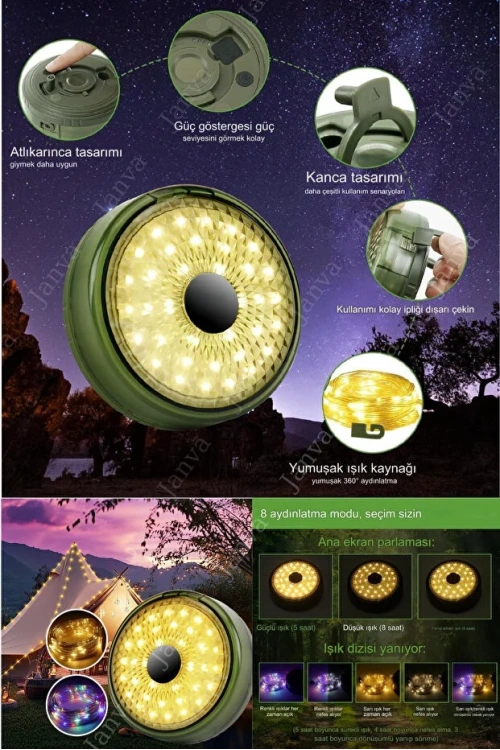 Egonex Solar Şarjlı 10 Metre Led Kamp Lambası Işıldak Fener Dekor Yıl Başı Süsü Perde Peri Şerit Kamp OR-8208