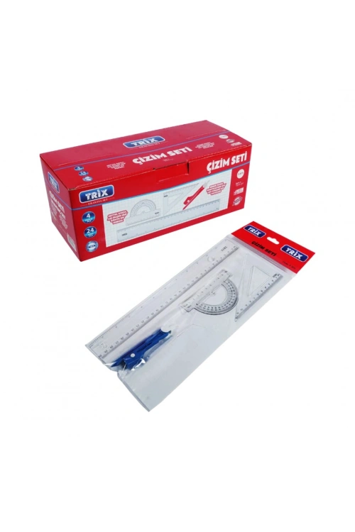 Egonex Trix T-975 ( 4pcs = 30cm Cetvel & 180°açı Ölçer & 60°gönye & Pergel) Çizim Seti*24x12