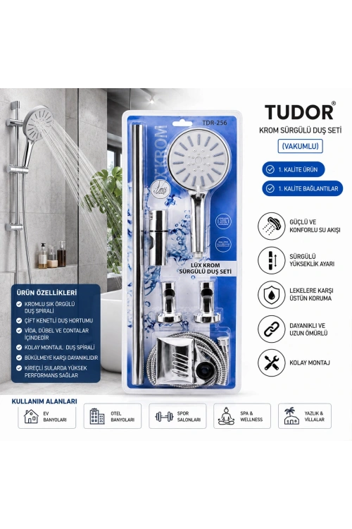 Egonex Tudor Tdr-256 ( Vakumlu & Krom ) Lux Sürgülü Duş Seti*25