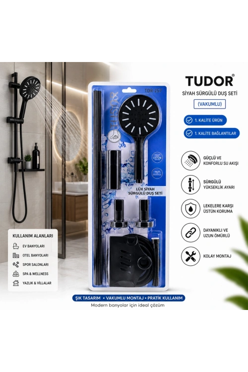 Egonex Tudor Tdr-257 ( Vakumlu & Siyah ) Lüx Sürgülü Duş Seti*25