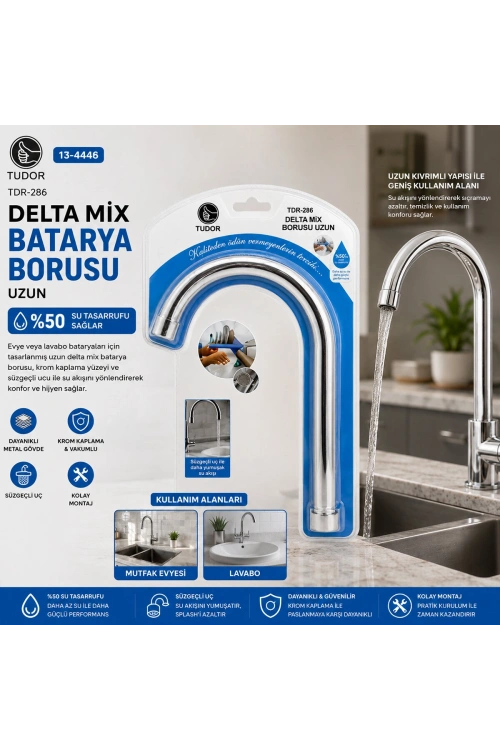Egonex Tudor Tdr-286 ( Kuğu ) ( Evye & Lavabo ) Uzun Delta Mix Batarya Borusu ( Krom Kaplama & Vakumlu & Süzgeçli Uç)*50