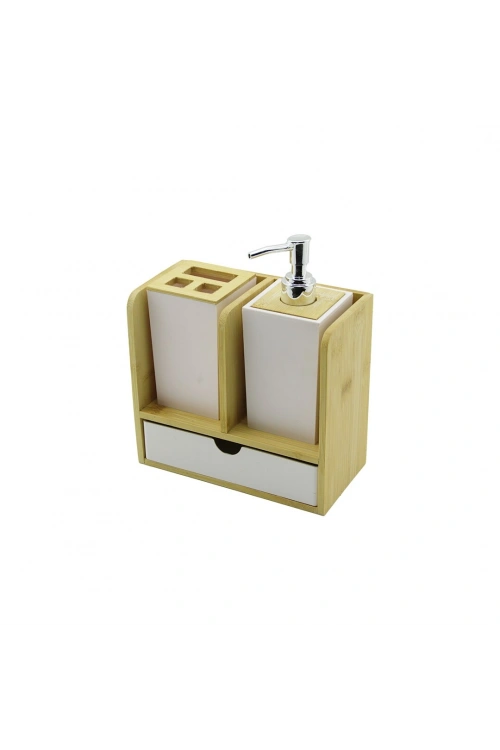 Egonex Urve Ur-3523 ( Çekmeceli & Diş Fırça Kutusu & Sabunluk ) Bambu Banyo Set ( Ahşap & Bambu Standlı )*8=k