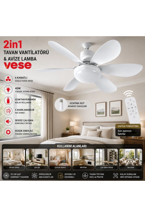 Egonex Vnt-005 Tavan Vantilatör & Avize Lamba (40w) ( Kumandalı ) ( 6knat ) Vese Vnt-005 (2in1)  *24