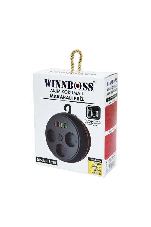 Egonex Wınnboss-3395 Siyah Termal Akım Korumalı Makaralı ( 3xpriz ) ( 3xusb ) (1xtype-c) Priz*30