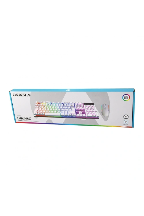 Everest Lumınax Km-198 ( Beyaz Gökkuşağı Işıklı ) ( Usb Kablolu ) Oyuncu Klavye & Mouse Set*20