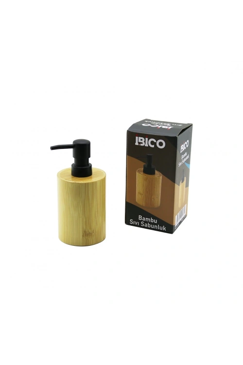 İbico İ21-071 ( Yuvarlak ) Ahşap Bambu Sıvı Sabunluk ( Siyah Plastik Pompa ) ( Çap: 8cm & Y: 11cm )*48