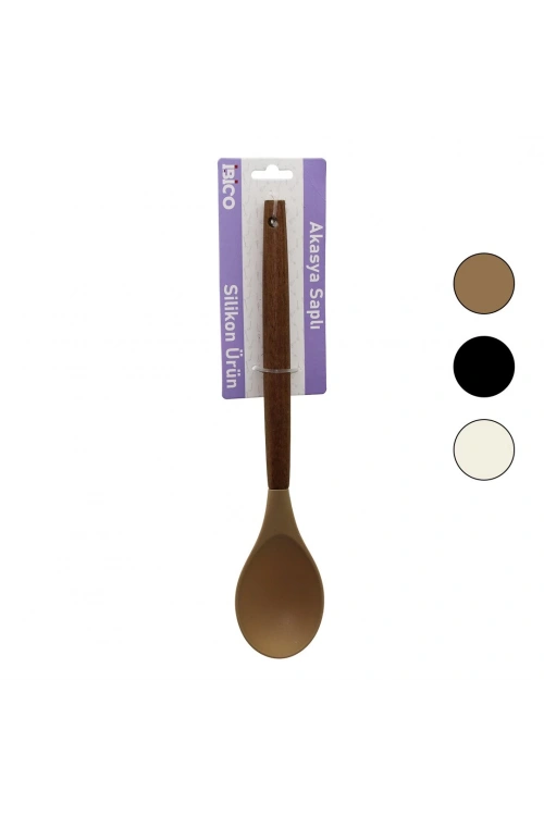 İbico İ22-015 ( Renkli Silikon ) ( Ahşap Akasya Saplı ) Kaşık ( Servis ) ( 29cm )*6x24