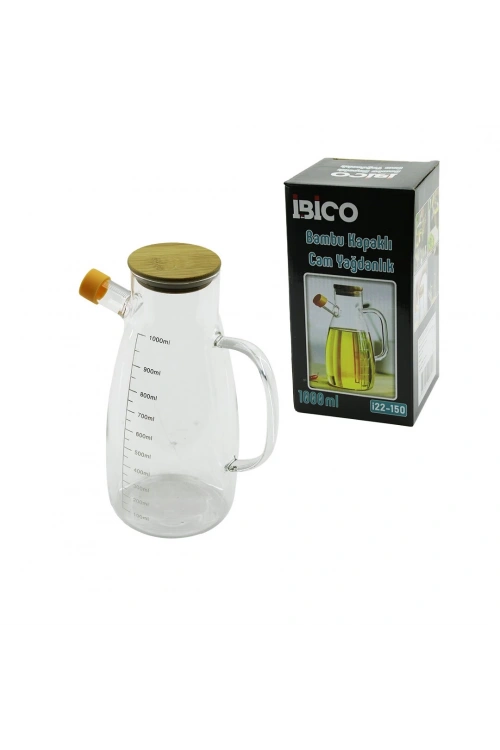 İbico İ22-150 ( 1000ml ) ( Cam ) Yağdanlık ( Bambu Kapaklı & Ölçekli ) ( Cam Kulplu )*24=k