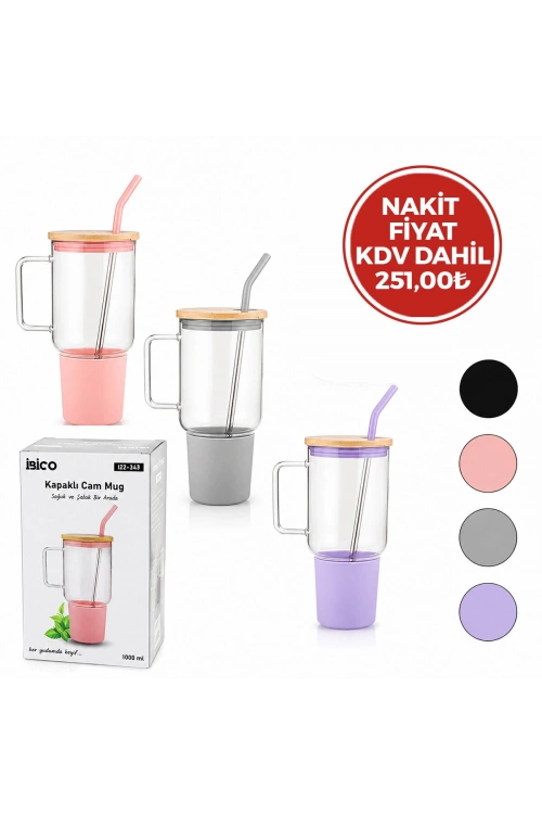 İbico İ22-349 ( Cam ) ( 1000ml ) Matara & Suluk ( Bambu Kapak & Sızdırmaz Silikonlu ) ( Çelik Pipet ) ( Koruyucu Silikon Altlık & Kılıf )*24