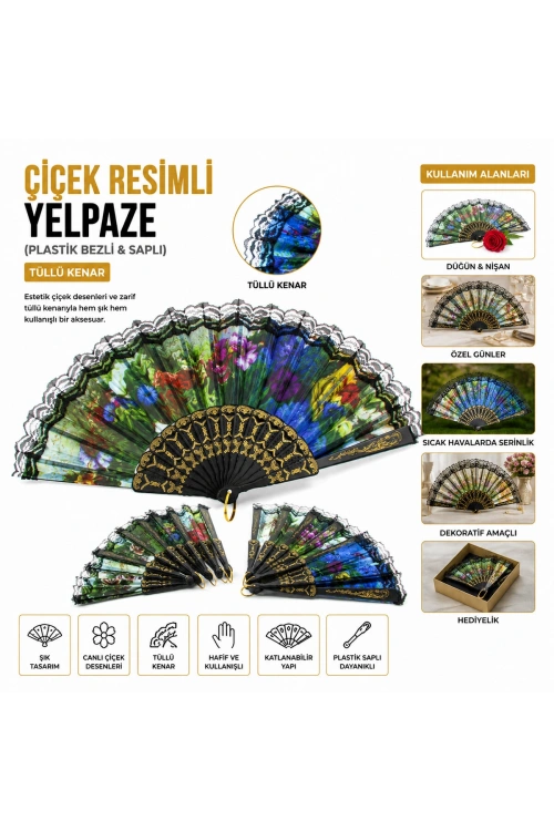 İbico ( Resimli & Tüllü ) Bez Yelpaze ( Plastik Saplı )*12x50