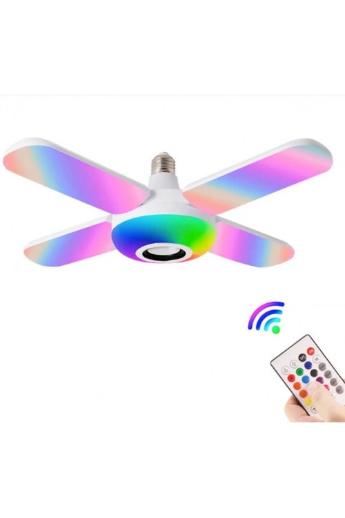 Lamba 4 Kanatlı E27 Duya Takılan Kumandalı Katlanabilir Led Müzik Lamba Işığı Avize Bluetooth Hoparlör