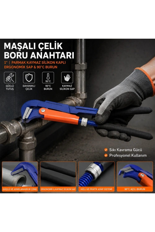 Man ( 1 Parmak ) Maşalı Çelik Boru Anahtarı ( Silikon Kaplı Ergonomik Sap & 90°c Burun )*36