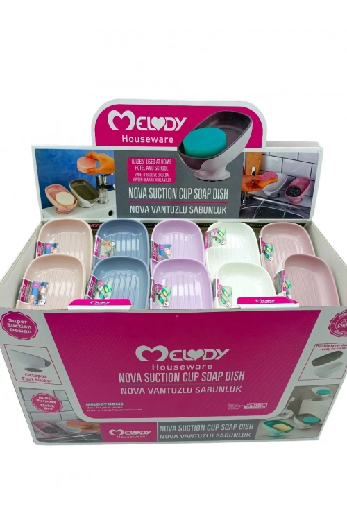 Melody M-087 Nova ( Vantuzlu ) Sabunluk & Süngerlik (renkli Plastik) ( Eğimli Duruş Ayaklı )*30=k