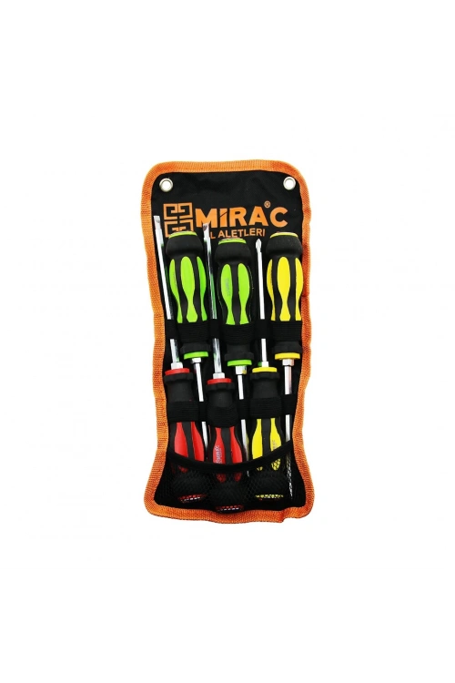 Mirac ( Bez Çantalı ) ( Renkli & Kauçuk Kaplama Saplı ) ( Darbeli ) ( 6lı Set ) ( Çift Taraflı ) Tornavida Takımı*36