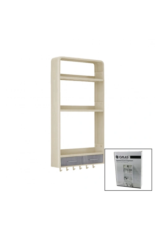 Omaş Om-0831 ( Bej ) Yapışkanlı Duvar Organizeri Plastik ( 3 Raf=14cm-19cm-30cm & 2 Çekmece=40cm & 6 Askı ) ( 19 Pcarça )*6