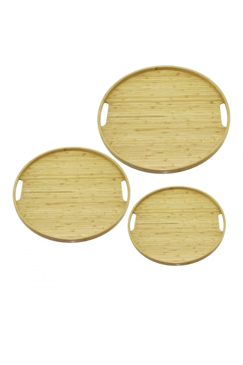 Pablıto Home Pbt-010 ( Yuvarlak & 3 Boy ) Bambu Ahşap Tepsi Seti ( 30--35--38cm )*12