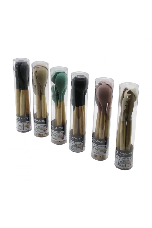 Pablıto Pbt-513 (5pcs) (24.5-30cm) (r.silikon) Mutfak Servis Seti (ahşap Bambu Sap)(kaşık & Kepçe & Spatula & Y.fırçası & S.kaşık)*24x2