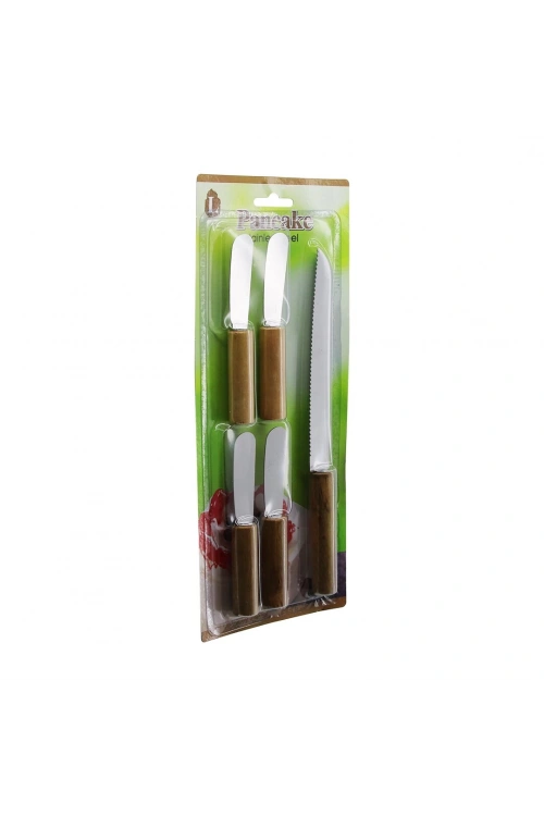 Pancake-800 ( 5pcs : 4+1 ) ( 4ad. Düz Kahvaltı Bıçak+ 1ad. Ekmek Bıçak ) Ahşap Saplı Bıçak Set*240