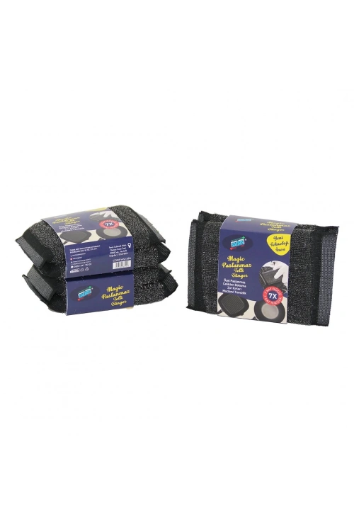 Safirs Ws-1496 ( 2pcs ) ( Siyah & İnox ) Bulaşık & Temizlik Süngeri ( Magic Paslanmaz Telli ) ( 7 X Kat Daha Güçlü )*32x17